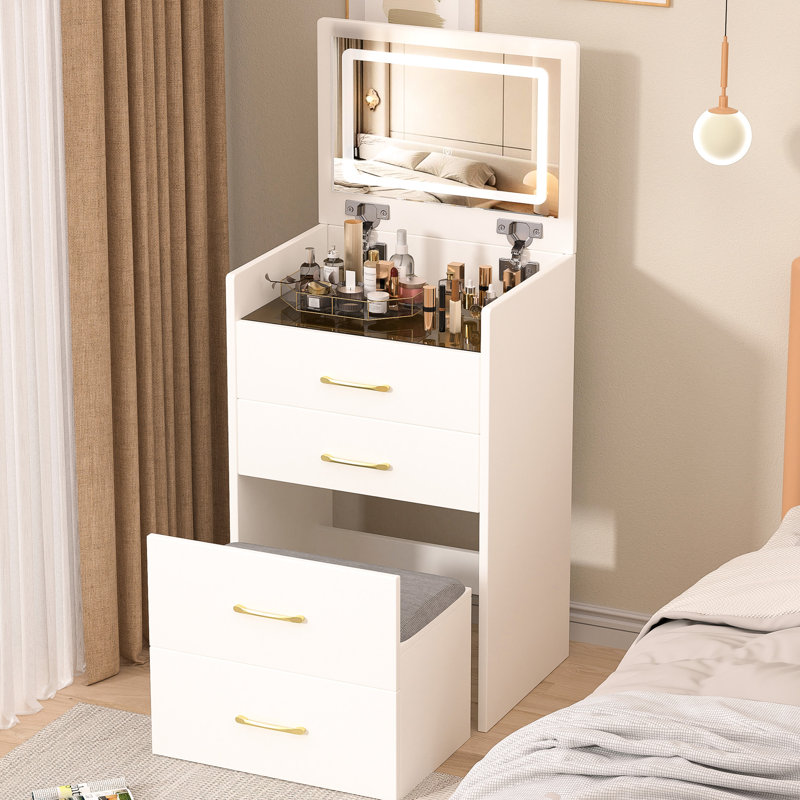 3 In 1 Make Up Vanity, White With Visible Glass Desktop, Spacious Storage For Bedroom Use Dressing Desk Drawers And Ample Space