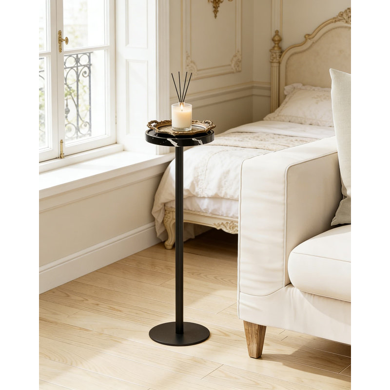 Modern Martini Table With Marble Top And Metal Base - Round Cocktail Accent Table For Small Spaces, Lightweight Side Table With Anti-Spill Edge