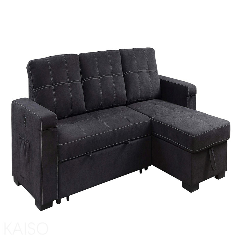 Canapé-lit modulaire réversible en tissu tissé noir 95 po avec porte-gobelet de rangement