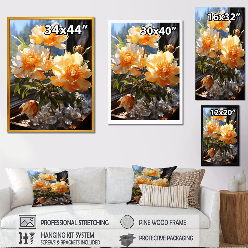 Art floral jaune pivoines jaunes, Cadre photo blanc, H 32 po x l 16 po x P 1 po