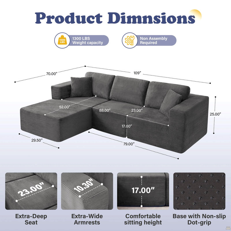 Canapé modulaire 109 po Cloud, canapé modulaire désossé avec méridienne en L, canapé en velours côtelé à assise profonde, aucun assemblage requis, canapé modulaire rembourré moderne
