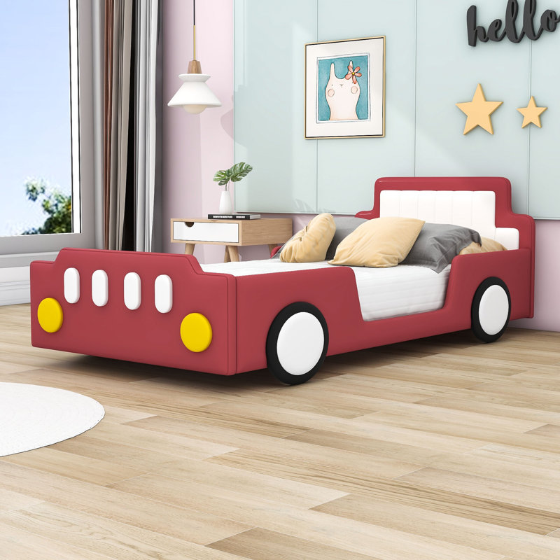 Amarionna Twin Size Race Car-Shaped Platform Bed with Wheels, Red