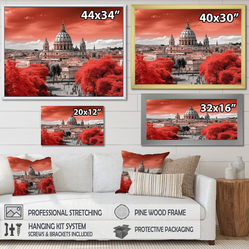 Paysage urbain monochrome rouge de Rome, H 12 po x l 20 po x P 1 po, Cadre flottant noir
