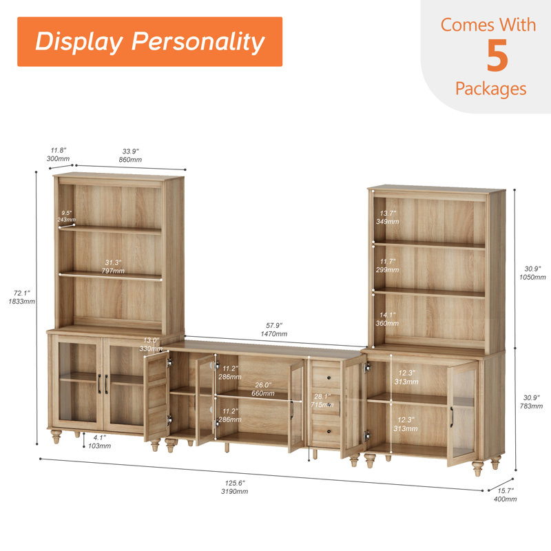 Sideboard Cabinet With Bar Hutch, Buffet Cabinet With 6 Glass Doors, 3 Tier Shelves And 2 Wood Storages, Oak, 125''
