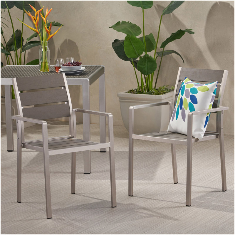 Chaise de salle à manger d'extérieur moderne en aluminium avec siège en faux bois (ensemble de 2), gris et argent