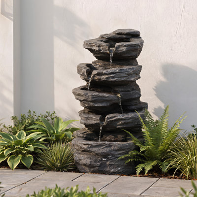 19.7" Tall Solar Water Fountain Outdoor Garden,5 Tiers Modern And Stacked Stones Solar Powered Fountains With Led Lights For Garden, Patio, Deck, Porch, Backyard, Lawns