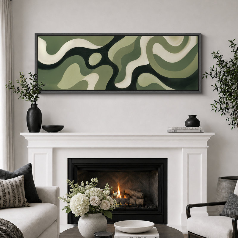 Impression sur toile encadrée, vert olive foncé, abstrait, moderne et contemporain, 20" H x 60" W x 1.5" D, Black