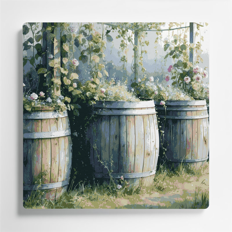 «Farm Rain Barrel», art mural en métal gris, H 16 po x l 16 po