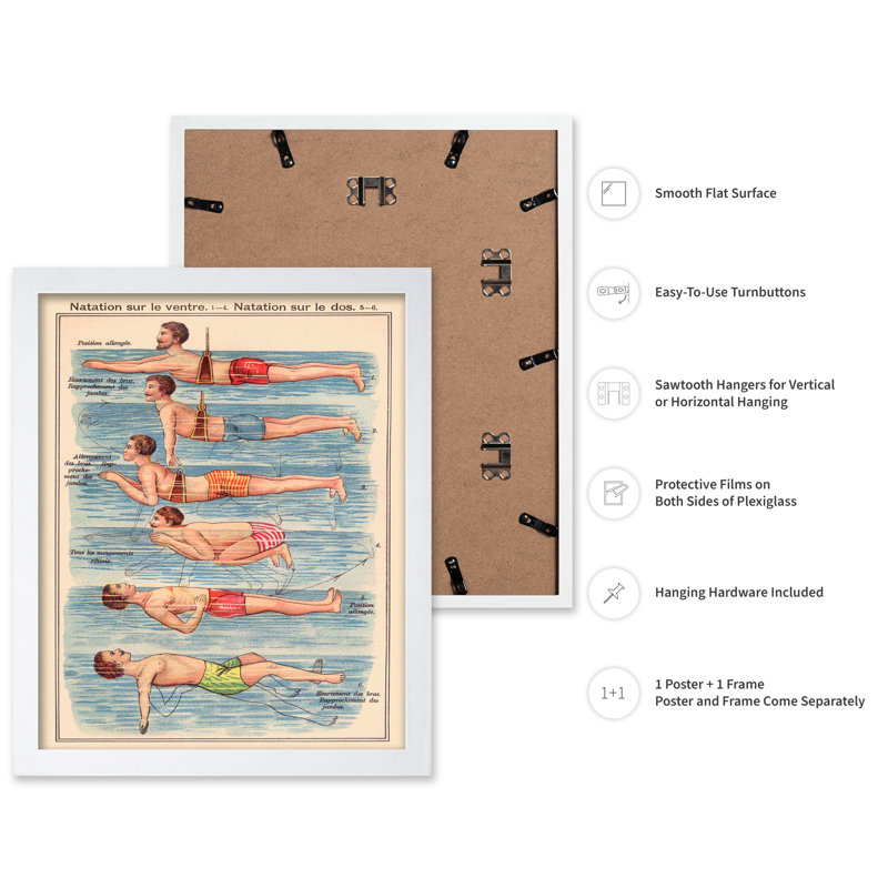 Frederich Eduard Bilz - Natation, Affiche, H 24 po x l 32 po, Encadrement blanc