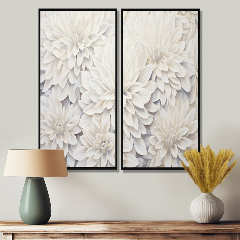 «White Dahlia Charm Collage», art mural blanc, 40" H x 40" W, Reproduction encadrée sans passe-partout, Black