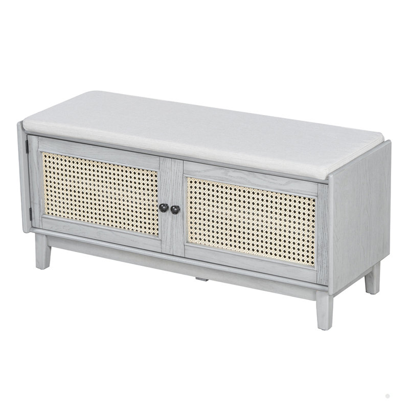 43.1-inch Wooden Rattan Entryway Bench with Storage and Removable Cushion, Gray Wash