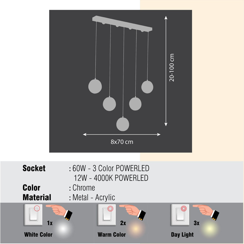 Luminaire suspendu à DEL 5 lumières pour îlot de cuisine Beckner, Chrome / ambre, Chrome / Blanc