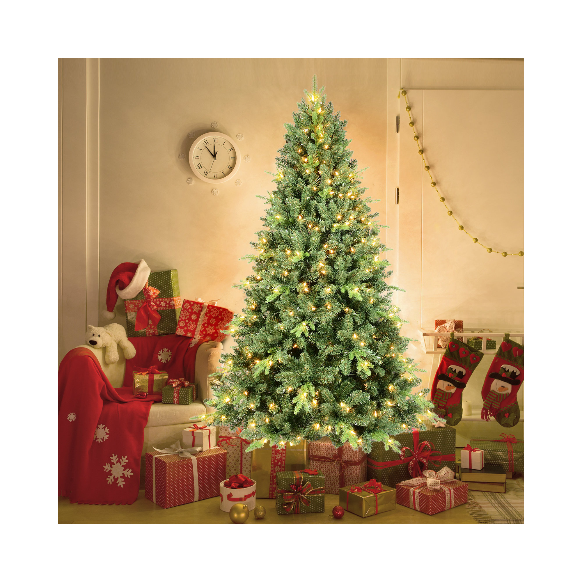 Pre-Lit Artificial Christmas Tree with Warm White Lights & PVC/PE Mixed Branch Tips, 7'