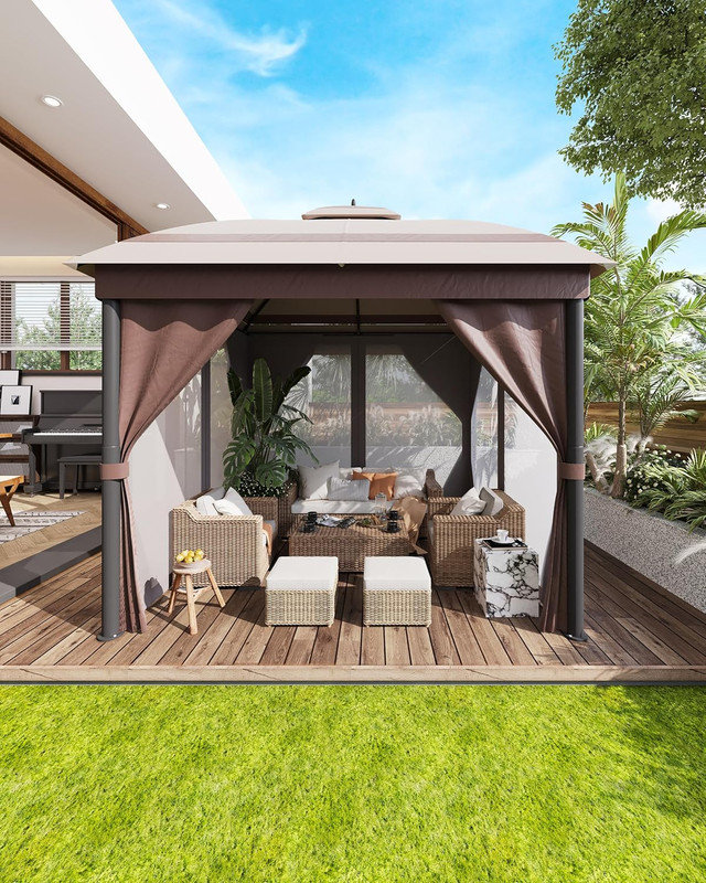 10x10 FT Outdoor Gazebo with Double Roof & Reinforcing Bars, Curtains & Netting for Patio