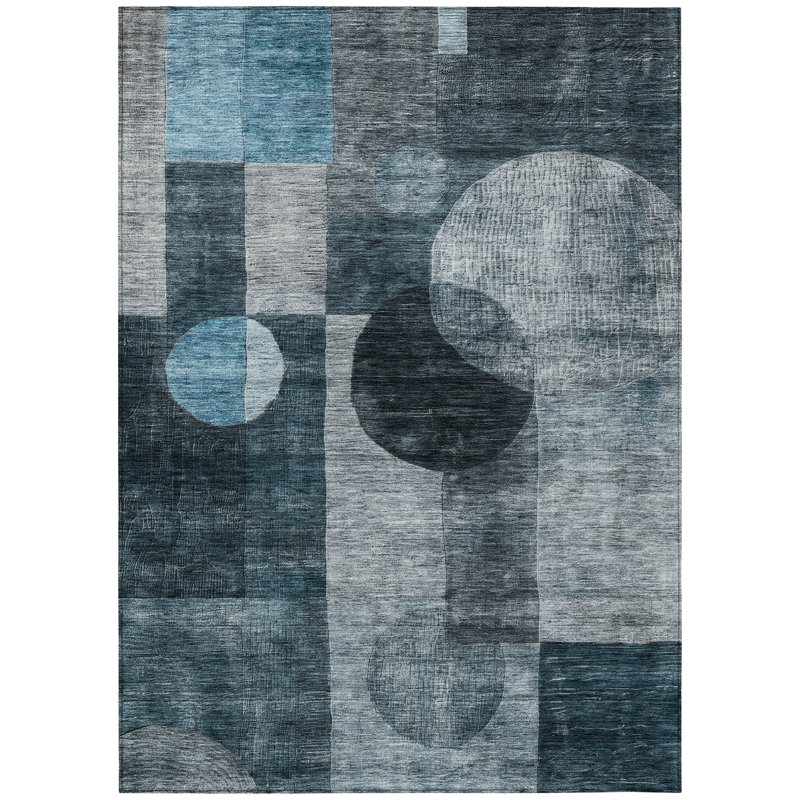 Teal Rectangular Machine Washable Synthetic Area Rug, 3' x 5'