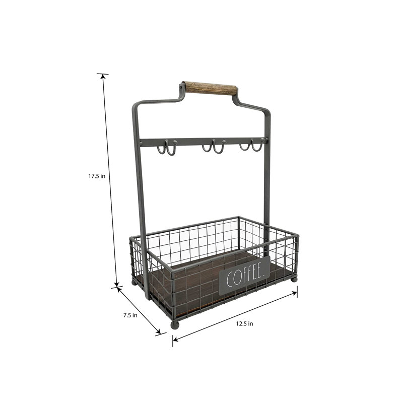 Coffee Mug Holder - 6 Hook Coffee Cup Rack With Rectangular Rustic Style Crockery Holder For Storage And Display - Mug Stand Organizer For Kitchen Counter Or Cafe Countertop - Coffee
