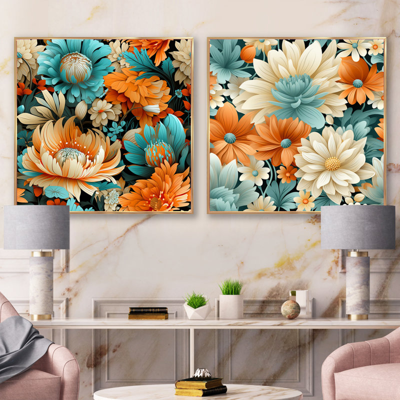 Ashfield - Ensemble de 2 collages carrés floraux, H 16 po x l 33 po, Cadre flottant doré