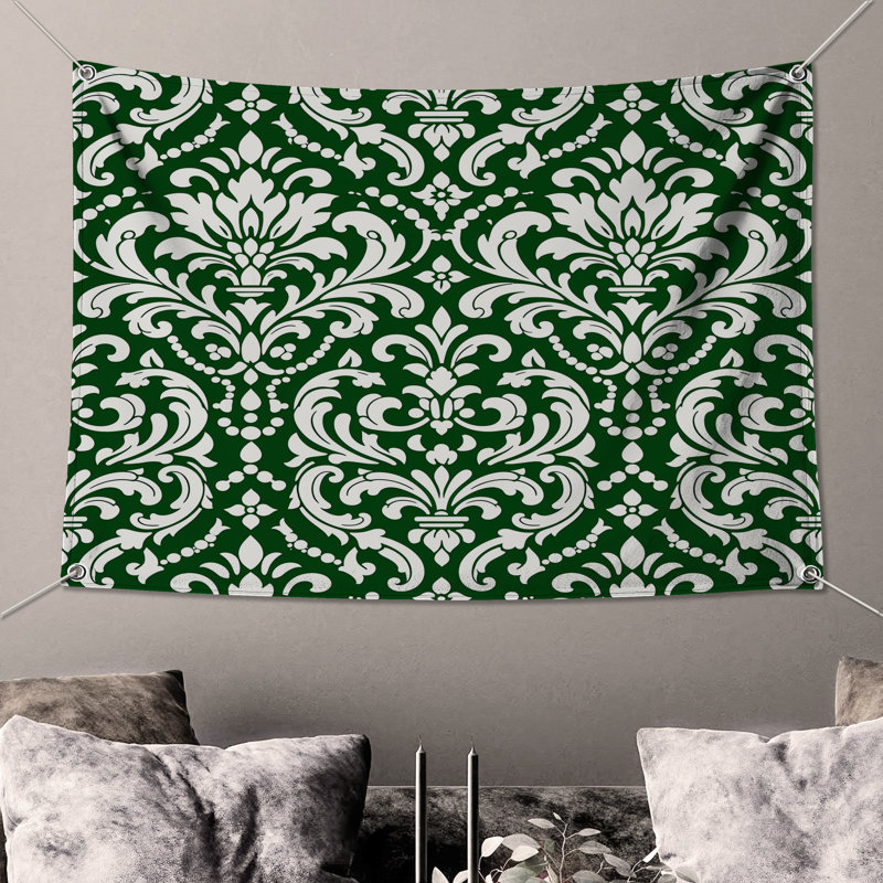 Tapisserie murale vert et blanc damassé, 50in H x60in W with 4 Grommets