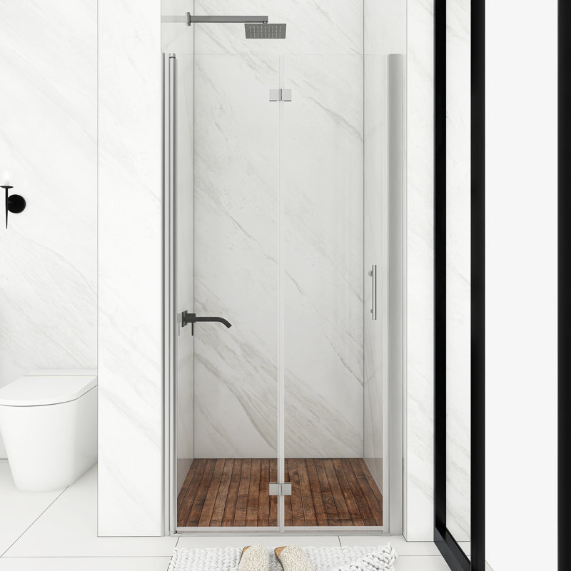36 po X P 72 po H Porte de douche pliante semi-sans cadre en chrome avec verre trempé transparent, Chrome