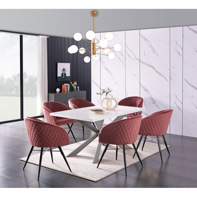 Goddard 6 Person Dining set - a Rectangular Wooden Dining Table with Metal Legs and a Set of 6 Quilted Velvet Dining Chairs for Dining Room - Modern Dining Table Set