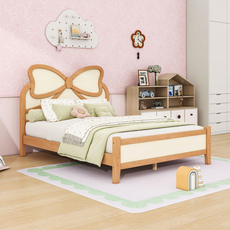 Lit plateforme en bois avec tête de lit, Lit double, Naturel beige