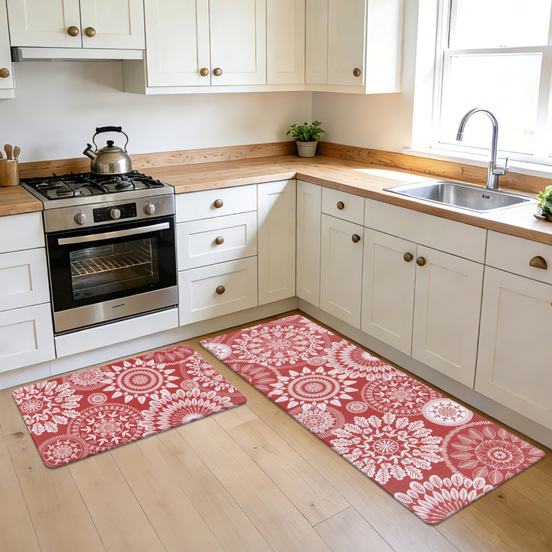 Tapis de cuisine antidérapant Jalissia, Tapis de couloir 18 po x 30 po + 18 po x 48 po, Red/White/Beige