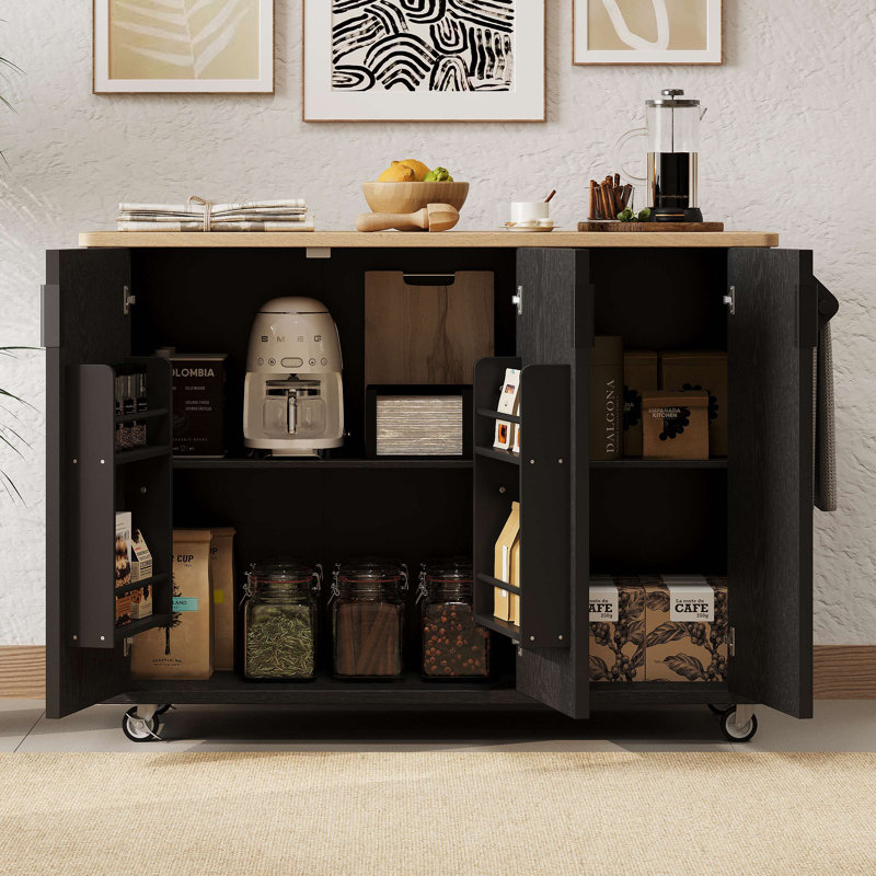 Fluted Kitchen Island, Accent Kitchen Island On Wheels With Drop Leaf And Internal Storage Rack, Rolling Kitchen Cart With Towel Rack For Kitchen, Dining Room