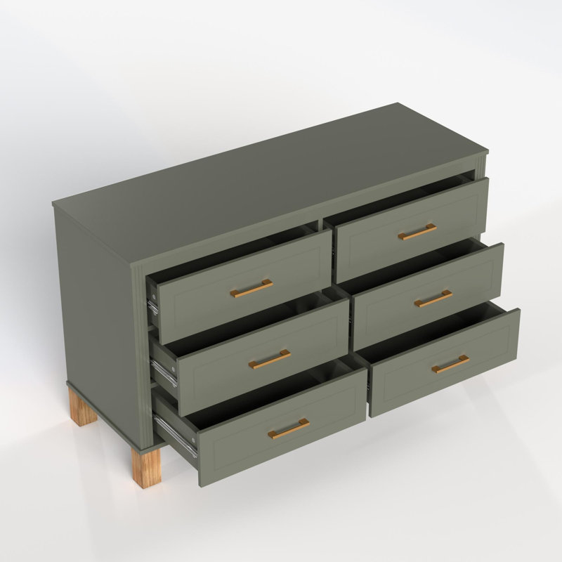 Commode double avec poignées en métal et pieds en bois massif, Olive