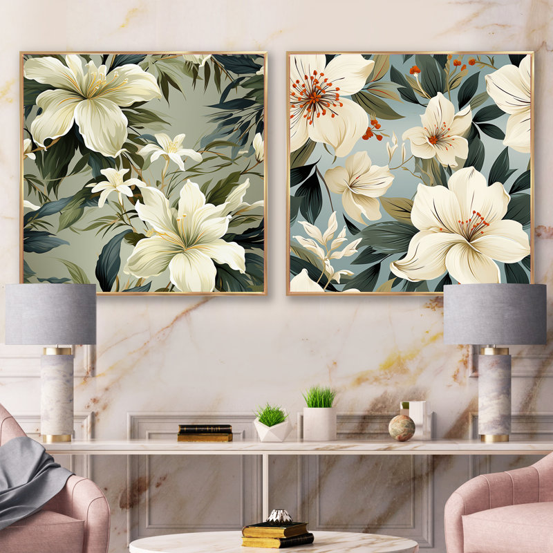 Swansea - Ensemble de 2 collages carrés floraux, Cadre flottant doré, H 30 po x l 61 po