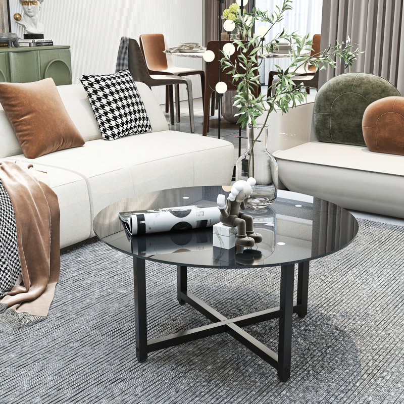 Table basse de 35,5 po, verre transparent, capacité de 220 lb, accessoire de salon moderne, meuble rond de 8 mm de diamètre trempé de 35,83 po, capacité
