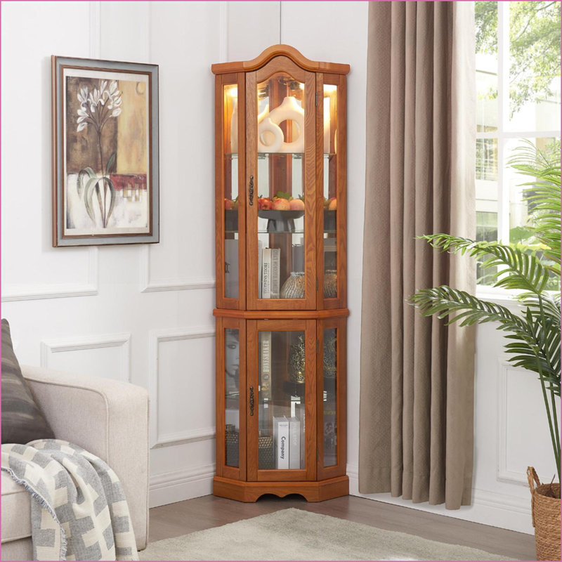 Vitrine de coin, présentoir en verre rétro-éclairé avec tablettes réglables, chêne | Panneau de fibres à densité moyenne