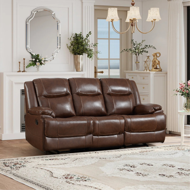 Elegant 81.89'' Wide Modern Overstuffed Manual Premium Genuine Leather Triple Seater Recliner Sofa, Brown