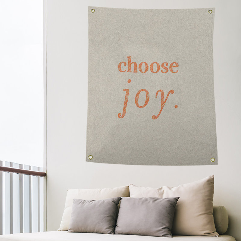 Tapisserie de polyester, choisir la joie citation, H 59 pi x l 50 po, Blanc / Orange