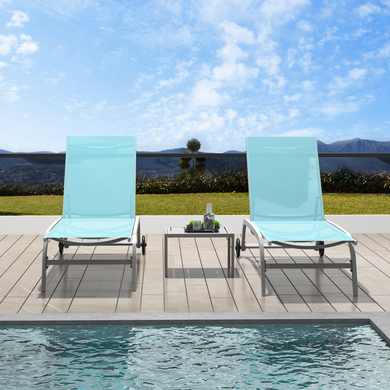 Chaise longue d'extérieur en métal avec table, Bleu