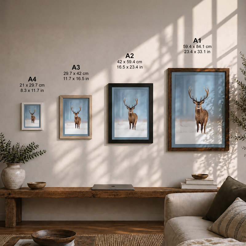 Deer in Winter Scandinavian - Framed Print, Black, A4 - 29.7 x 21.0 cm