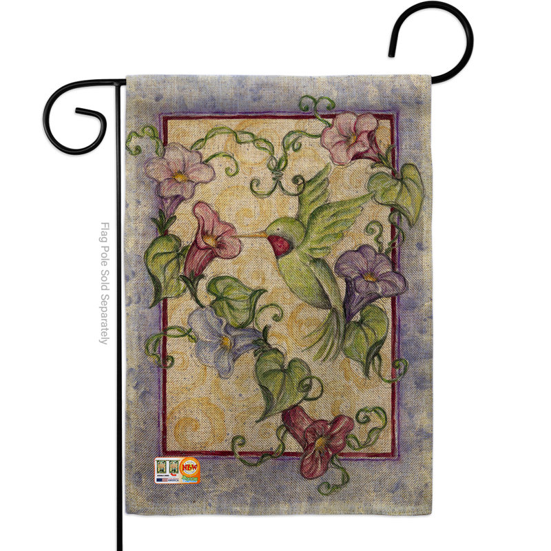 Hummingbird avec trompette fleurs, amis, impression sur 2 côtés en toile jute 1,5 x 1,1 pi. drapeau de jardin