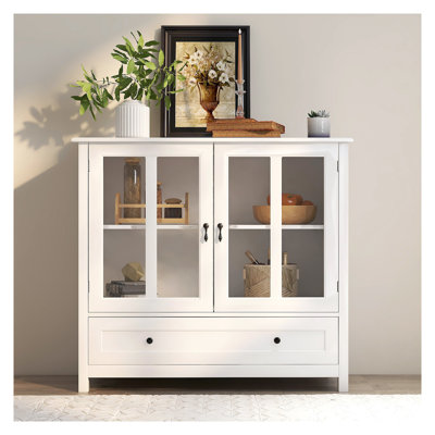 Modern White Buffet Storage Cabinet with Glass Doors & Adjustable Shelves