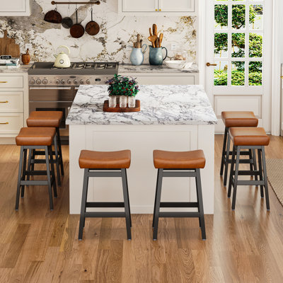 26" Solid Wood Bar Stools Set of 6 with Faux Leather Upholstery and Brown Saddle Seat