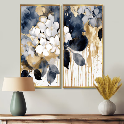 Or blanc hortensia Blooms Heaven I - art mural traditionnel bleu 2 panneaux