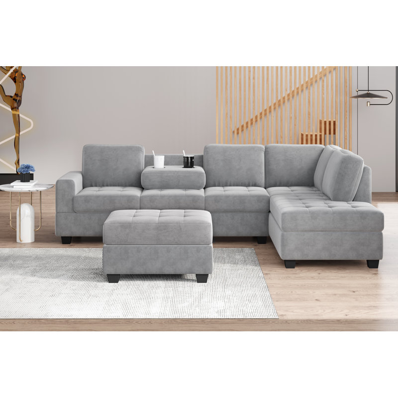 Luchiano 112" Wide Reversible Sofa & Chaise with Ottoman, Gray Velvet 