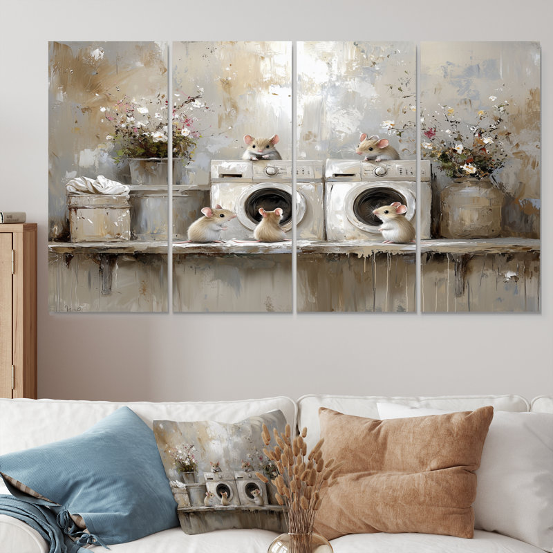 «Cute Mice Laundry Day» - ensemble de reproductions d'art mural, H 32 po x l 64 po