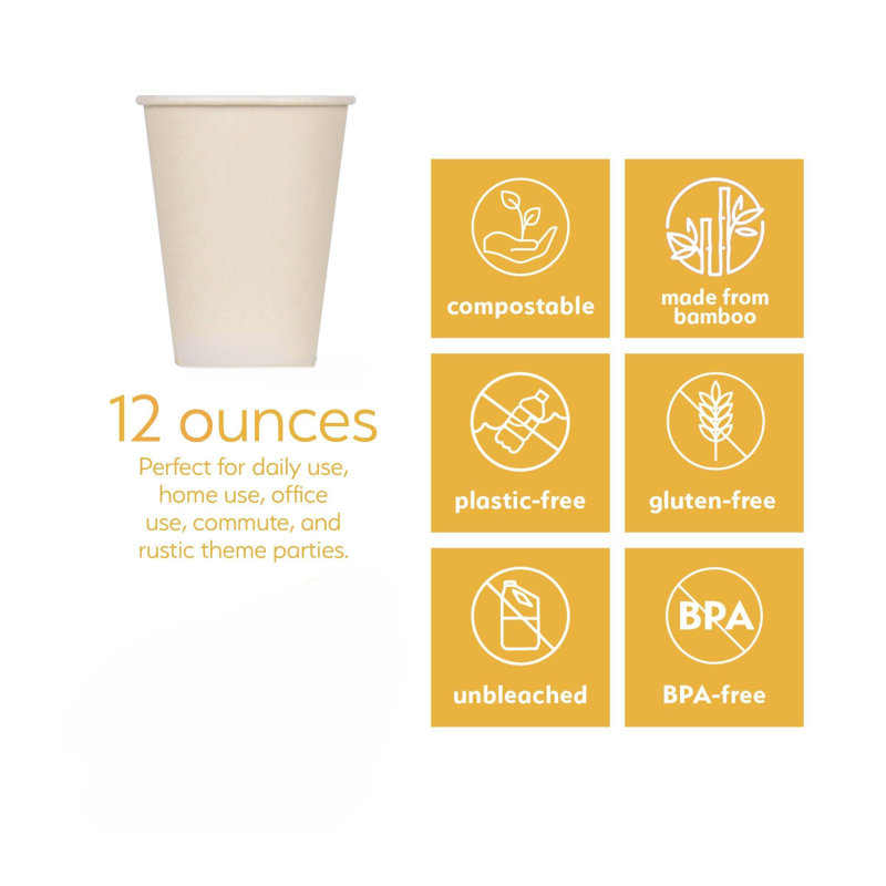 100% Compostable Disposable Coffee Cups [12Oz 80 Pack] Paper Cups Made From Bamboo, Eco-Friendly, Biodegradable Premium Party Cups, Natural Unbleached By Earth's Natural Alternative