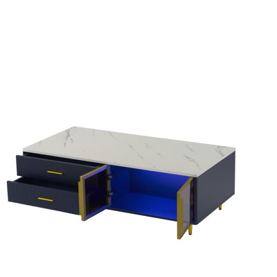 47.2'' Modern Navy Blue Coffee Table With Glass Door Storage, 4 Drawers, Gold Metal Legs, And Multi-Color LED Lighting | Gift Idea