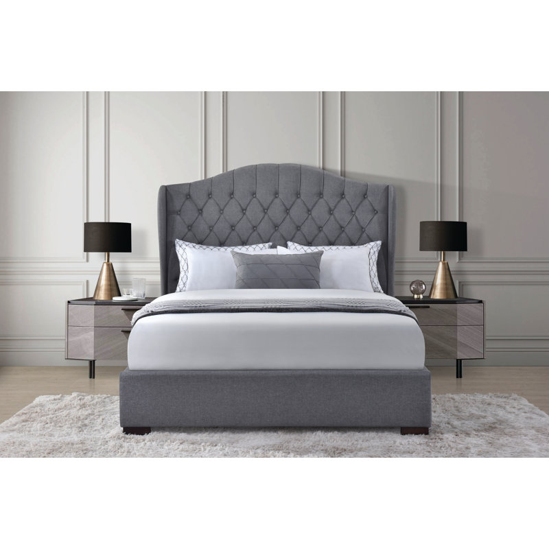 Lit plateforme en tissu d'ameublement, Double, Gris clair