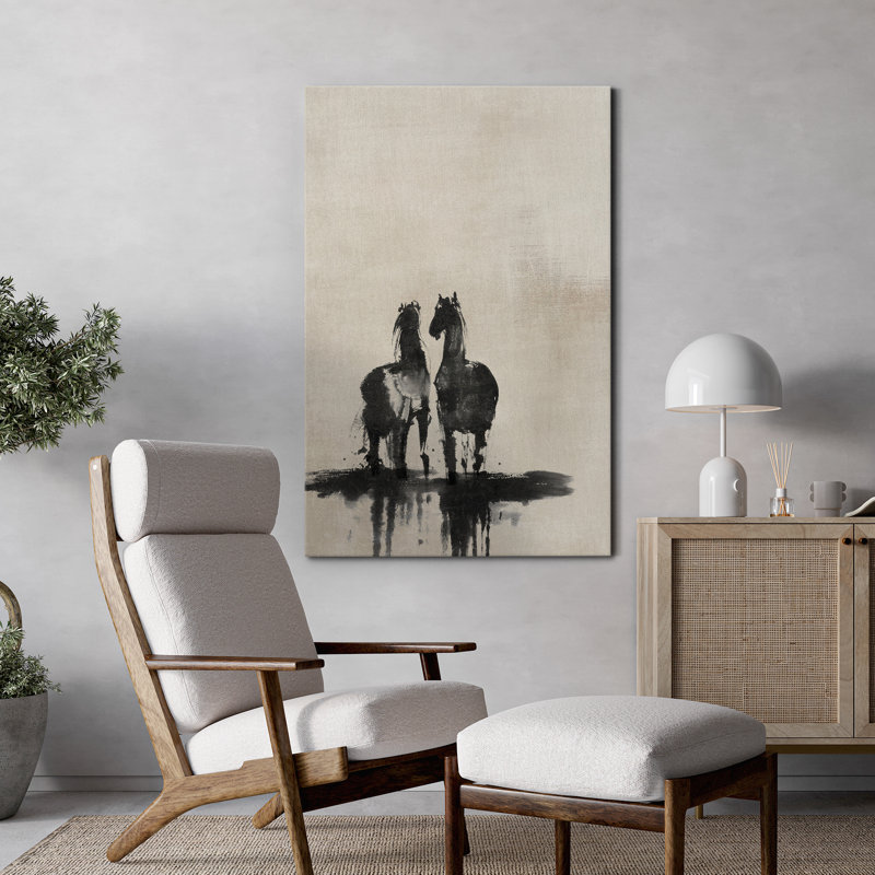 Abstrait, reproduction d'art sur toile, paire de chevaux noirs - décor rustique moderne pour le salon ou le vestibule