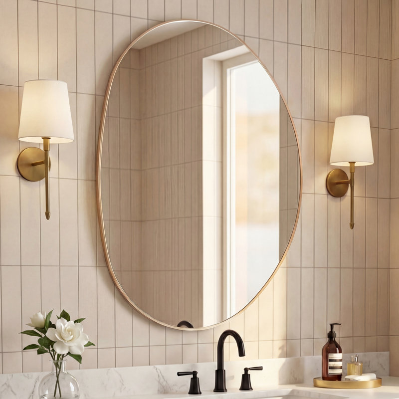 Aurelia 24 in. W x 36 in. H Medium Irregular Asymmetrical Oval Metal Framed Wall Mounted Bathroom Vanity Mirror, Gold, Gold