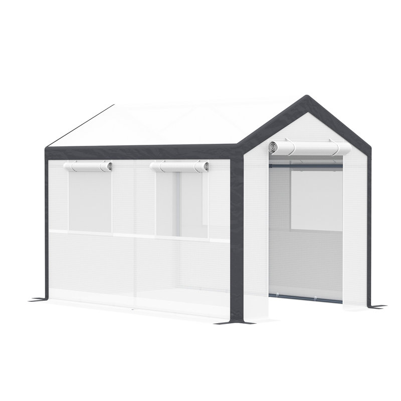 Serre pour jardin extérieur 10 pi x 7 pi, maison chaleureuse avec 4 fenêtres, 2 portes à fermeture à glissière et housse de protection contre les intempéries, portes blanches, fenêtres