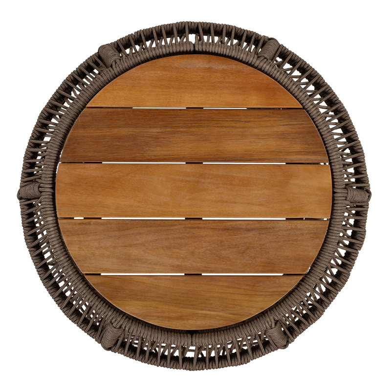 Table d'appoint ronde en bois d'acacia avec structure en corde tissée grise, plateau en teck, capacité de 150 lb, aucun assemblage requis, table d'appoint résistante aux intempéries pour le salon de patio