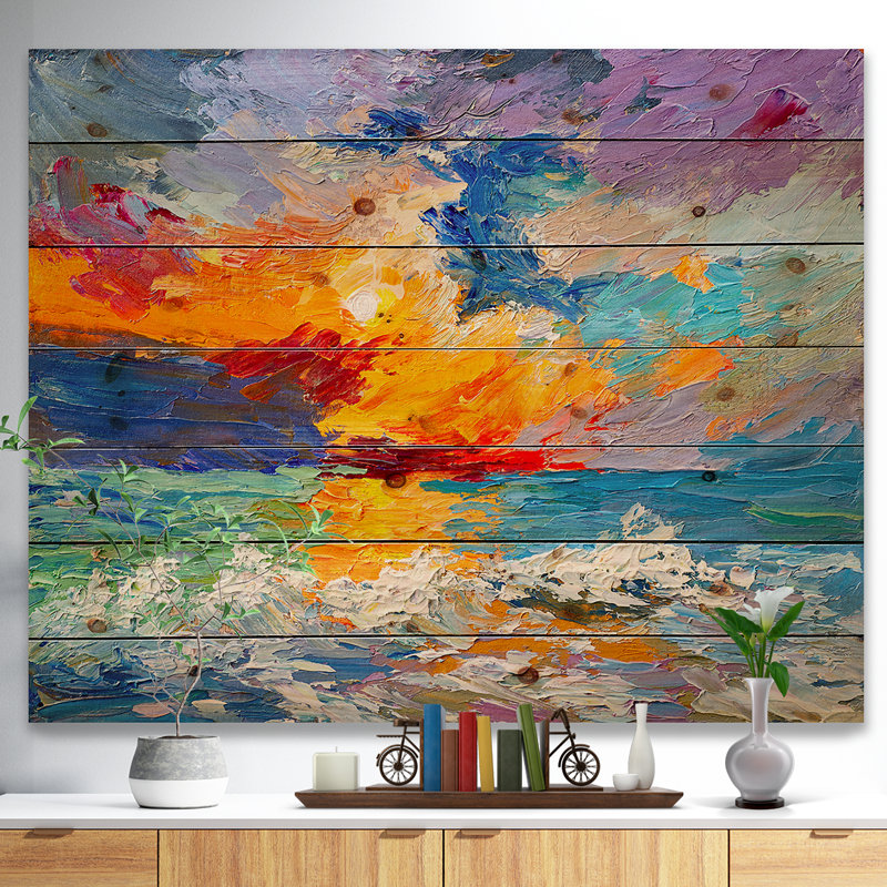 « coucher de soleil sur l’horizon », peinture sur toile tendue, H 36 po x l 46 po x P 1,5 po, Bois