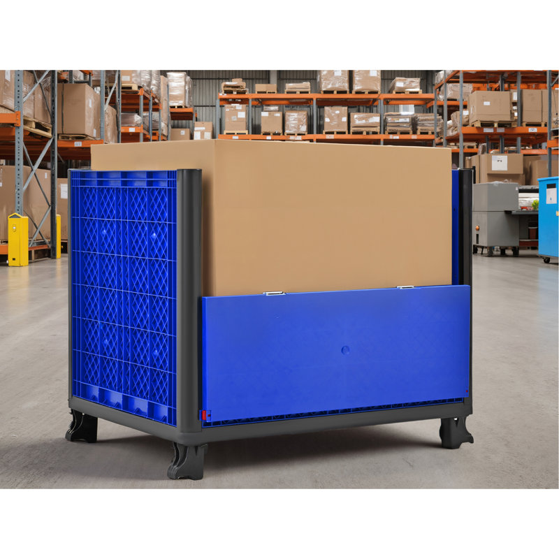 Contenant de rangement en vrac pliable, capacité de 600 lb, bleu, accès à 4 voies, contenant de 39,3 po de profondeur avec portes, hauteur de 33,39 po